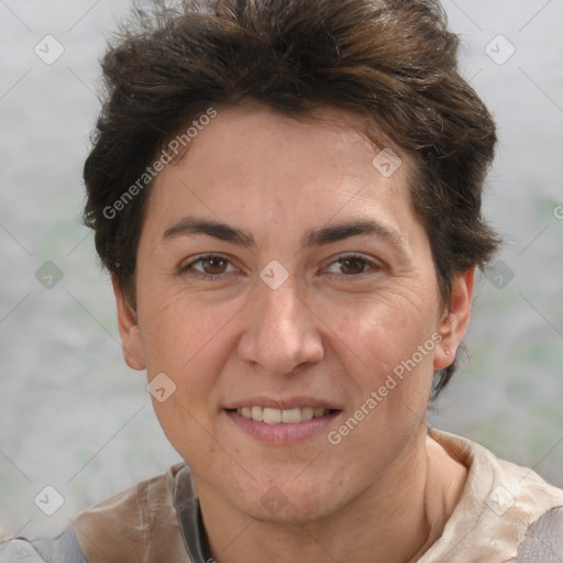 Joyful white adult female with short  brown hair and brown eyes