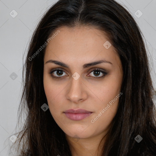Neutral white young-adult female with long  brown hair and brown eyes