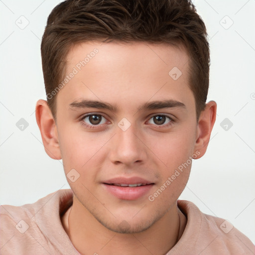 Joyful white child male with short  brown hair and brown eyes