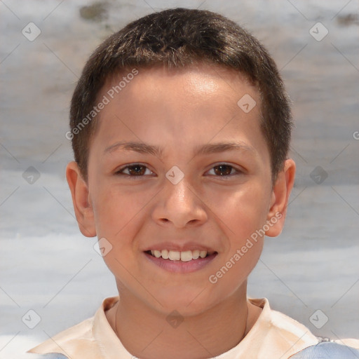 Joyful white child male with short  brown hair and brown eyes