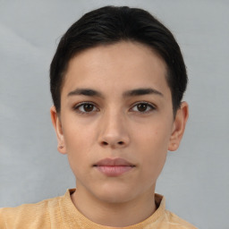 Neutral asian young-adult female with short  brown hair and brown eyes