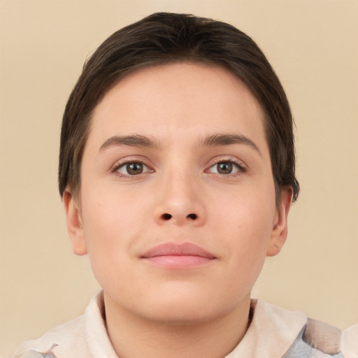 Neutral white young-adult female with short  brown hair and brown eyes