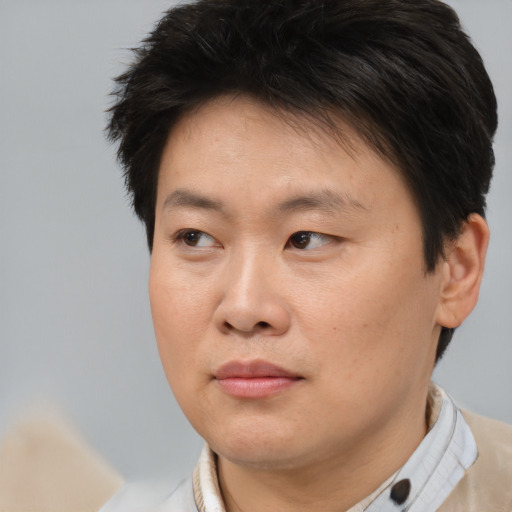Neutral asian adult male with short  brown hair and brown eyes