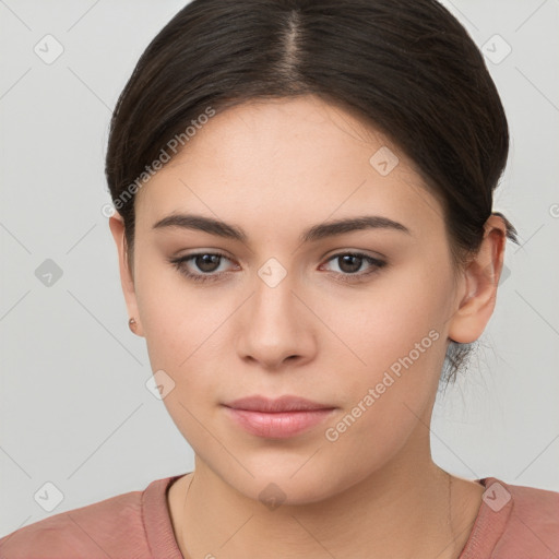 Neutral white young-adult female with short  brown hair and brown eyes