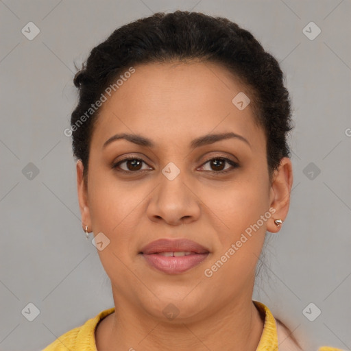 Joyful latino young-adult female with short  brown hair and brown eyes