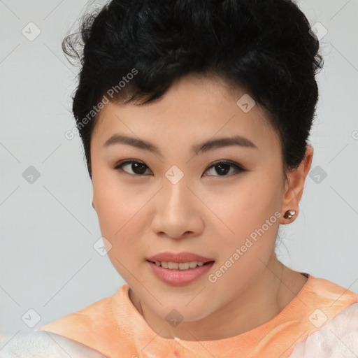 Joyful asian young-adult female with short  black hair and brown eyes