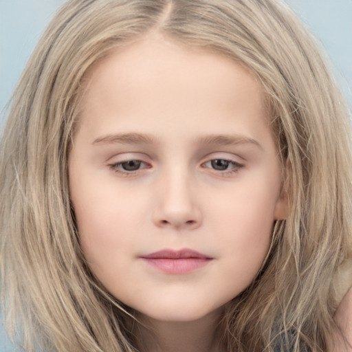 Neutral white child female with long  brown hair and grey eyes