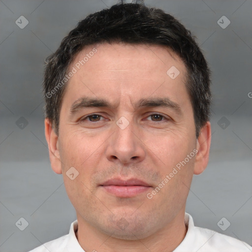 Neutral white adult male with short  brown hair and brown eyes