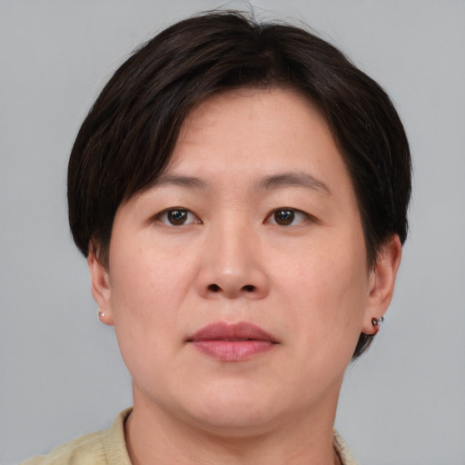 Neutral asian adult male with short  brown hair and brown eyes