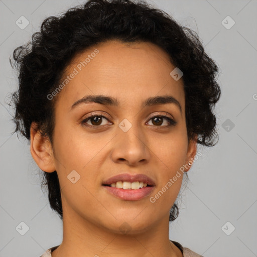 Joyful latino young-adult female with short  brown hair and brown eyes