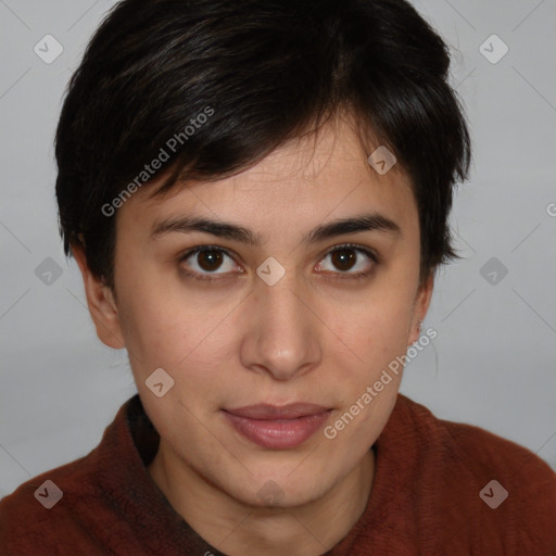 Joyful white young-adult female with medium  brown hair and brown eyes