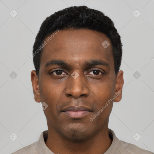 Neutral latino young-adult male with short  black hair and brown eyes