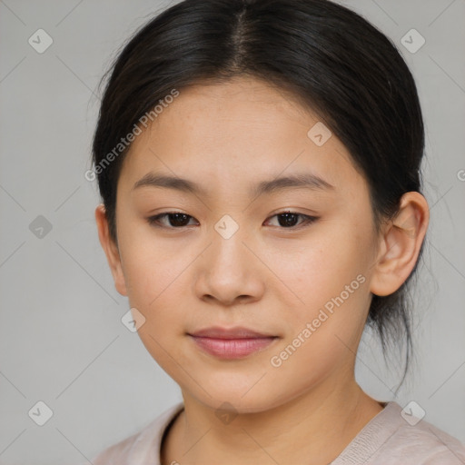 Neutral asian young-adult female with medium  brown hair and brown eyes