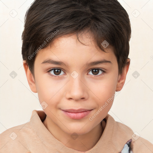 Joyful white child female with short  brown hair and brown eyes