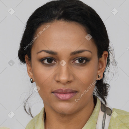 Joyful latino young-adult female with short  black hair and brown eyes