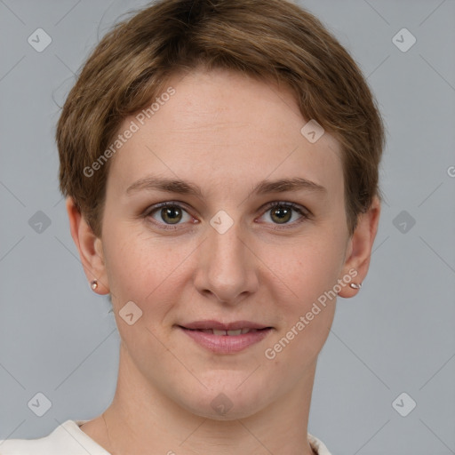 Joyful white young-adult female with short  brown hair and grey eyes