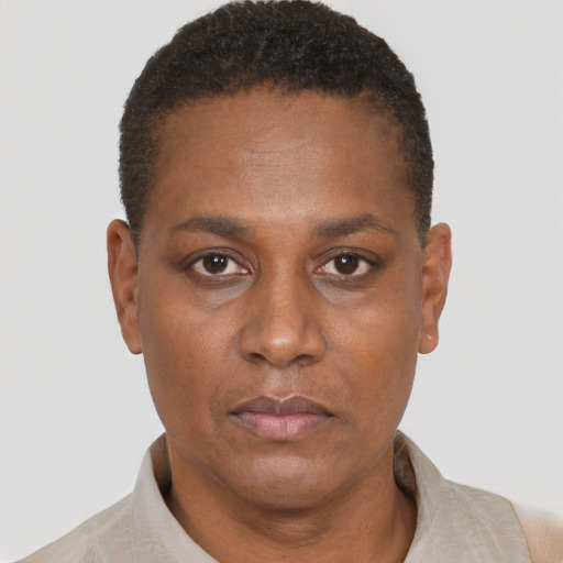 Neutral black adult female with short  black hair and brown eyes