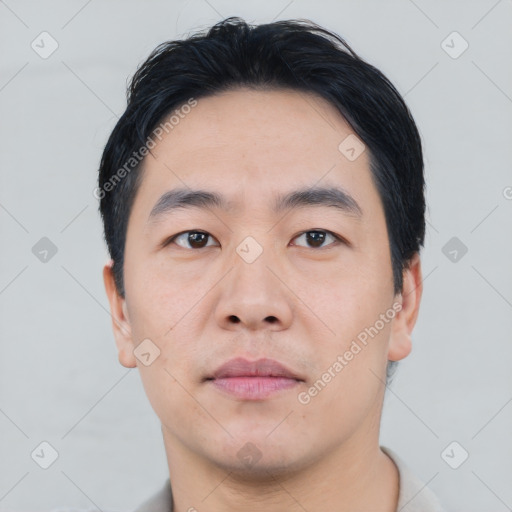 Neutral asian young-adult male with short  black hair and brown eyes