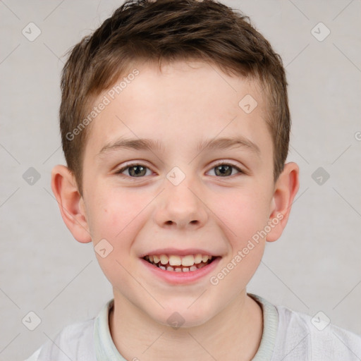 Joyful white child male with short  brown hair and brown eyes