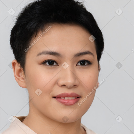 Joyful asian young-adult female with short  brown hair and brown eyes