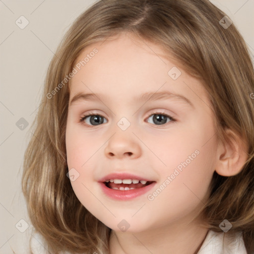 Joyful white child female with medium  brown hair and brown eyes