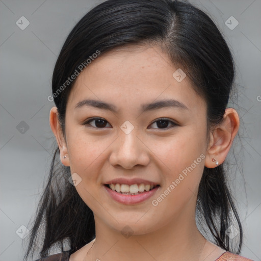 Joyful white young-adult female with medium  brown hair and brown eyes