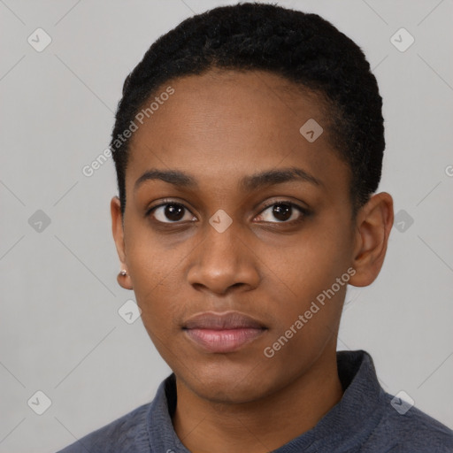 Neutral black young-adult female with short  black hair and brown eyes