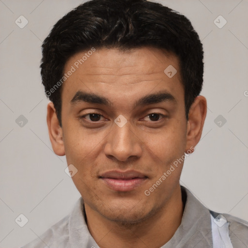 Joyful white young-adult male with short  black hair and brown eyes