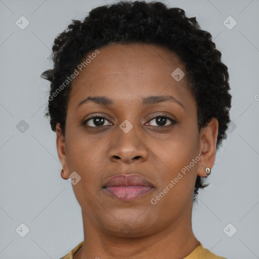 Neutral black young-adult female with short  brown hair and brown eyes