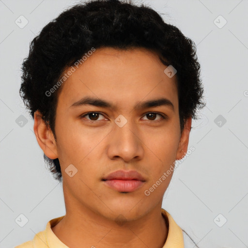 Neutral latino young-adult male with short  brown hair and brown eyes