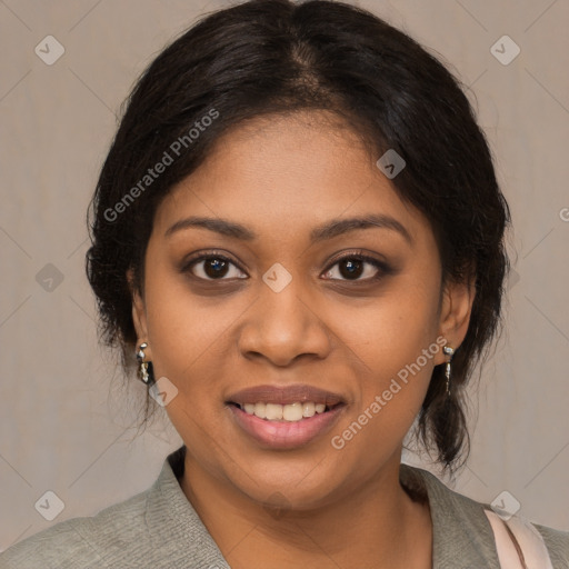 Joyful black young-adult female with medium  brown hair and brown eyes