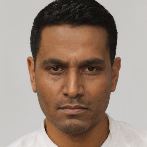 Neutral black adult male with short  black hair and brown eyes