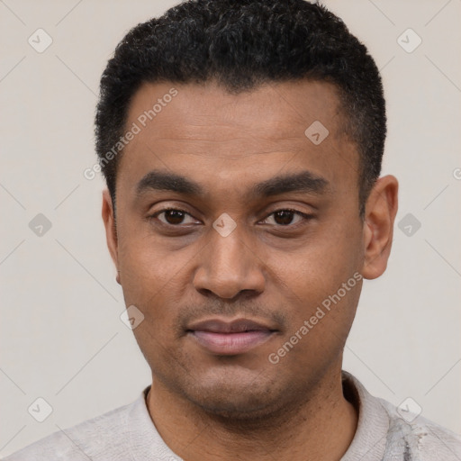 Neutral latino young-adult male with short  black hair and brown eyes