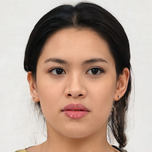 Neutral asian young-adult female with medium  black hair and brown eyes