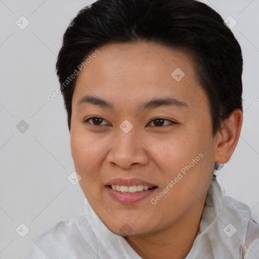 Joyful asian young-adult female with short  brown hair and brown eyes