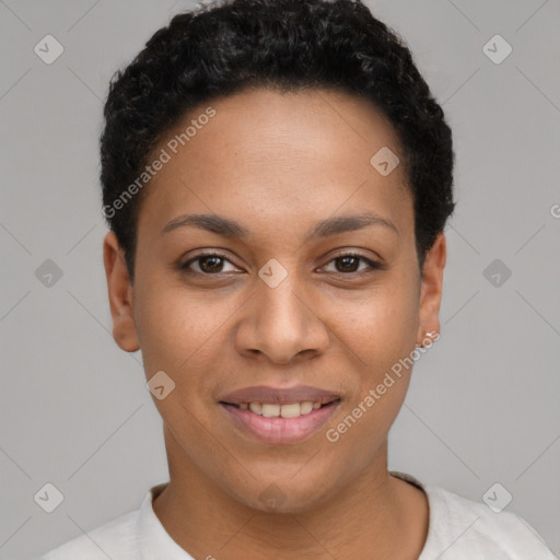 Joyful latino young-adult female with short  black hair and brown eyes