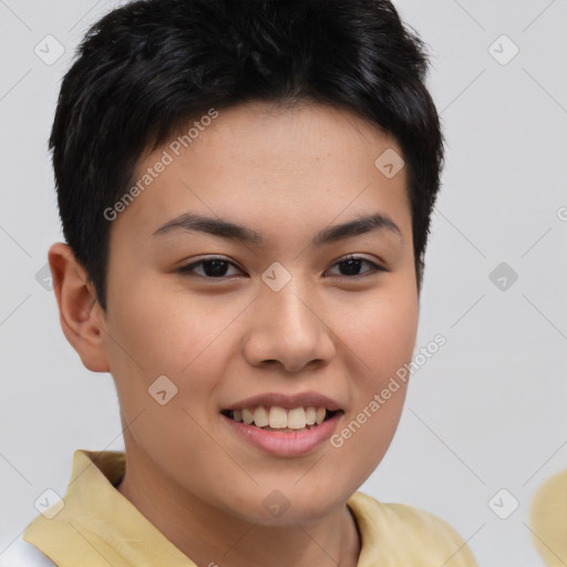 Joyful asian young-adult female with short  brown hair and brown eyes