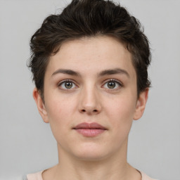 Neutral white young-adult female with short  brown hair and brown eyes