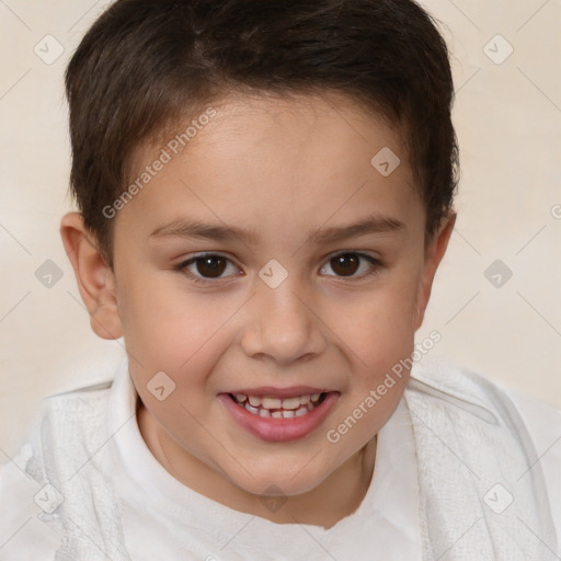 Joyful white child female with short  brown hair and brown eyes