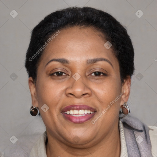 Joyful latino adult female with short  brown hair and brown eyes