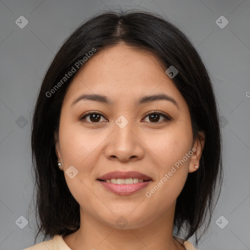 Joyful asian young-adult female with medium  brown hair and brown eyes