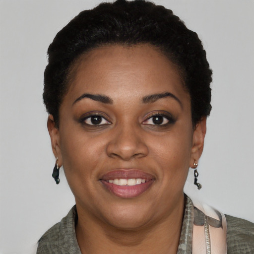 Joyful black young-adult female with short  black hair and brown eyes