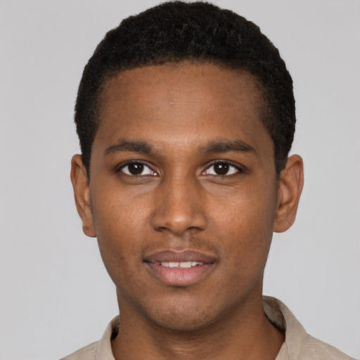 Neutral black young-adult male with short  brown hair and brown eyes