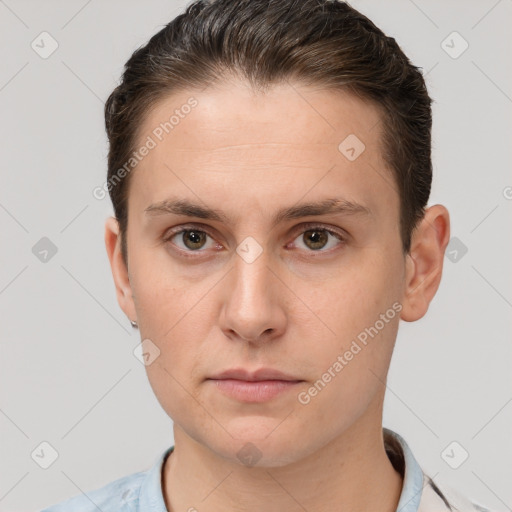 Neutral white young-adult male with short  brown hair and grey eyes