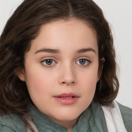 Neutral white child female with long  brown hair and brown eyes