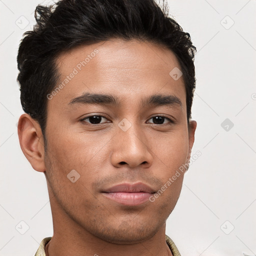 Neutral asian young-adult male with short  brown hair and brown eyes