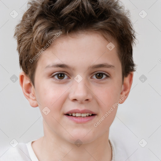 Joyful white child male with short  brown hair and brown eyes