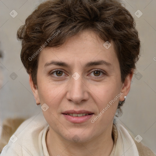 Joyful white adult female with medium  brown hair and brown eyes