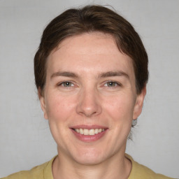 Joyful white adult female with medium  brown hair and brown eyes