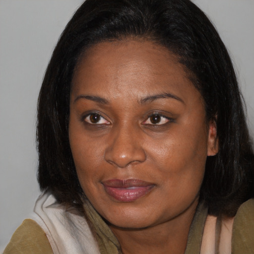 Joyful black adult female with medium  brown hair and brown eyes